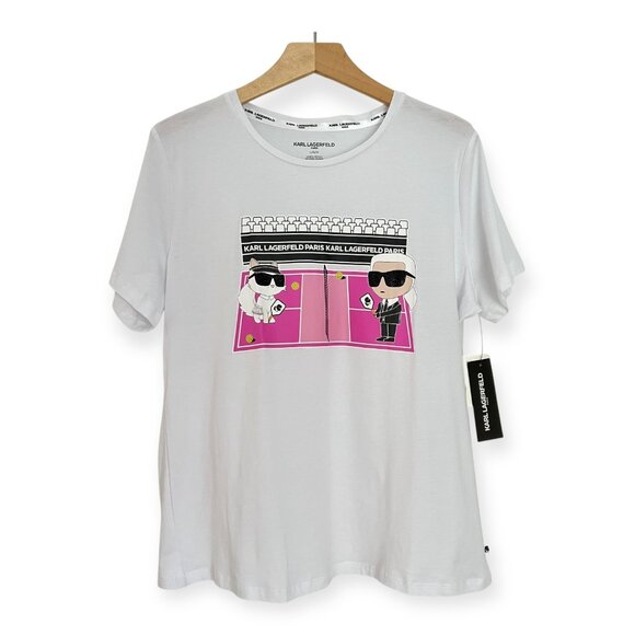 Karl Lagerfeld White Pink Tennis Karl Cat T-Shirt - Picture 1 of 9
